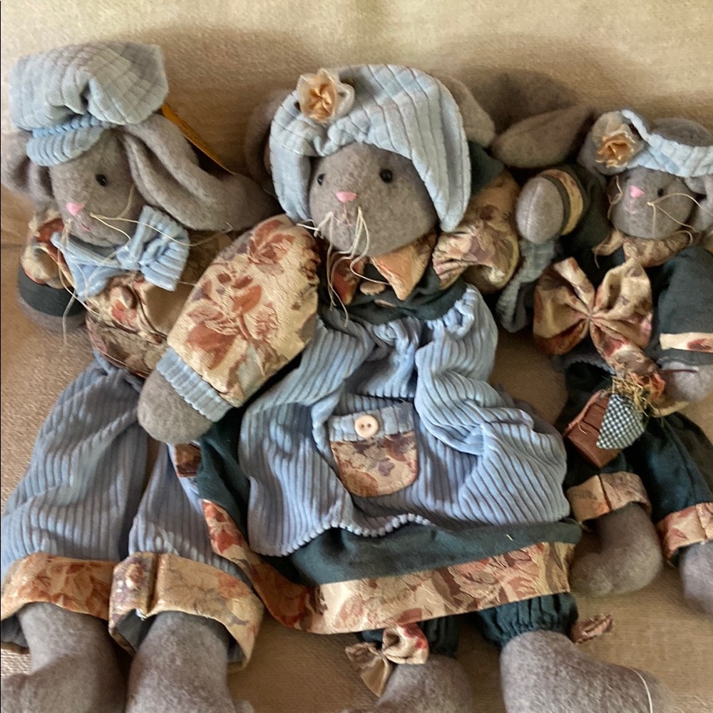 Melissa Ann Charming Plush Bunny Trio in Blue and Floral Outfits